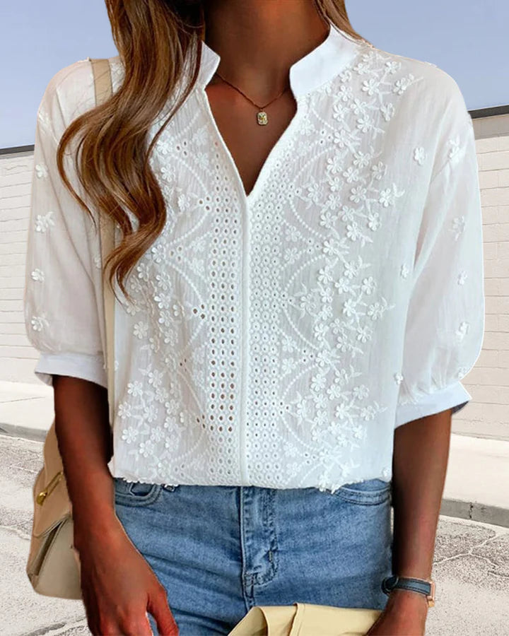 V-Neck Blouse - Embroidered Details, Flattering Fit