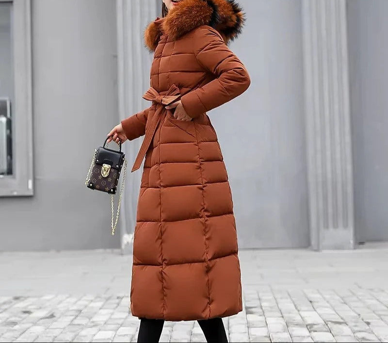 Belted Long Puffer Coat With Faux Fur Trim