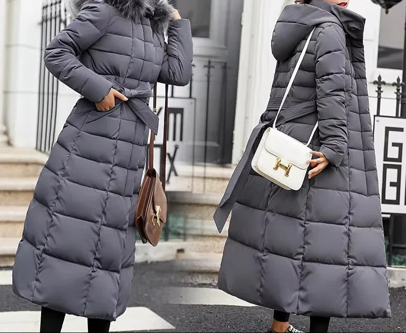 Belted Long Puffer Coat With Faux Fur Trim