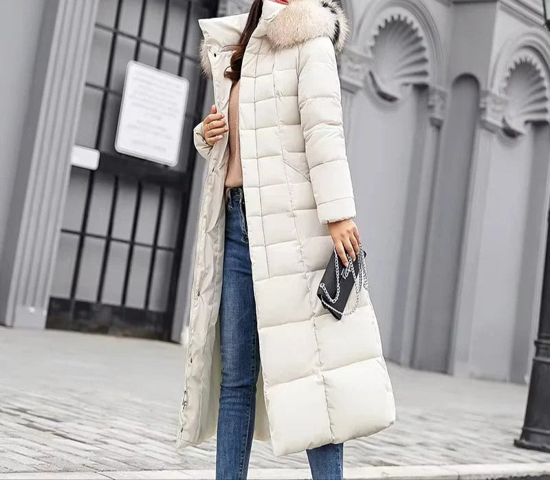 Belted Long Puffer Coat With Faux Fur Trim