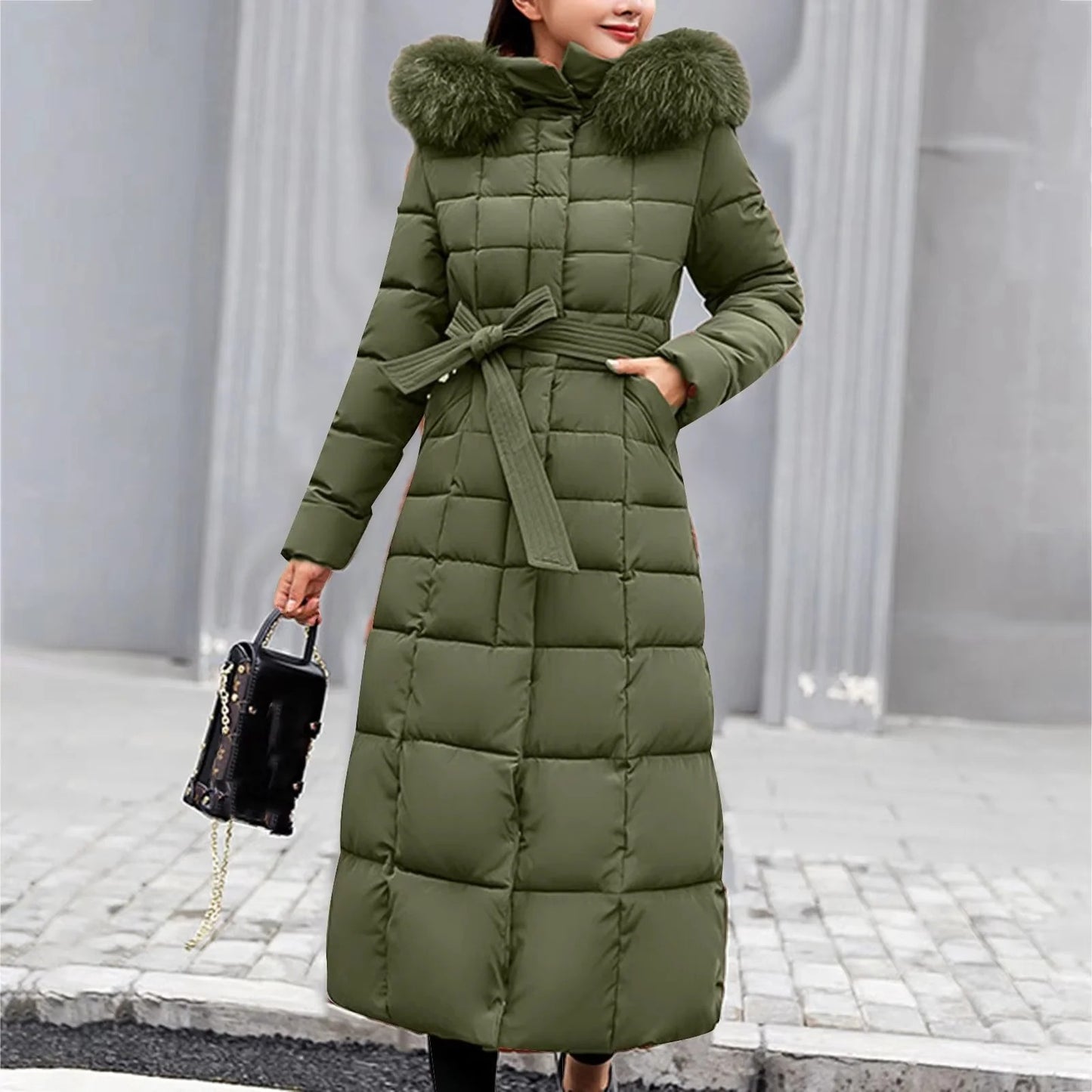 Belted Long Puffer Coat With Faux Fur Trim