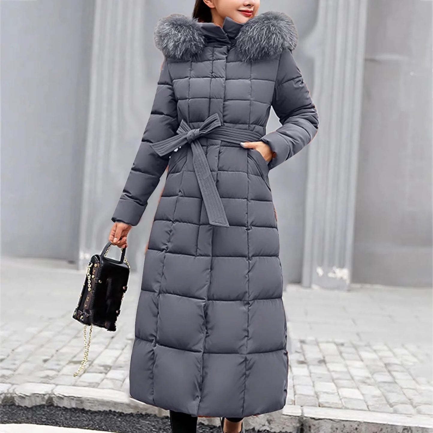Belted Long Puffer Coat With Faux Fur Trim