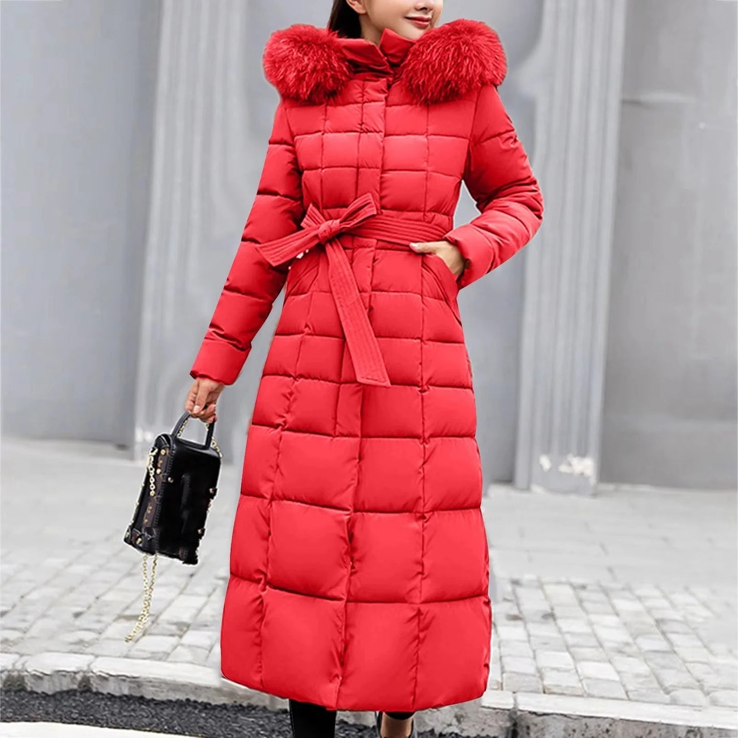 Belted Long Puffer Coat With Faux Fur Trim