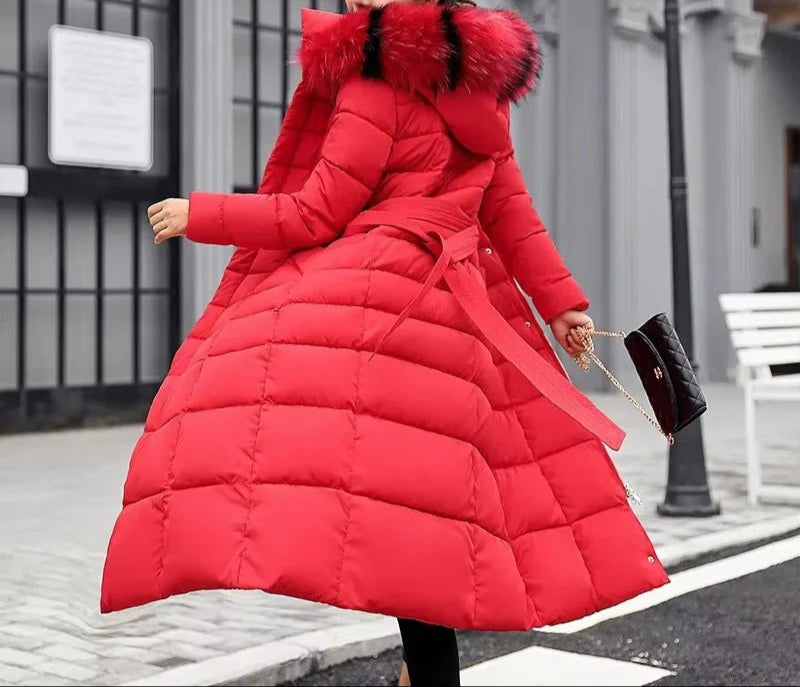 Belted Long Puffer Coat With Faux Fur Trim