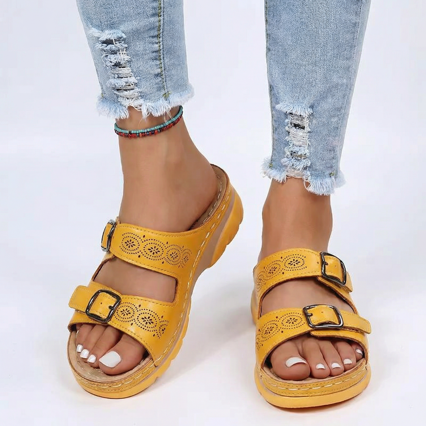 Clip-On Sandals - Adjustable Buckle Straps, Textured Sole