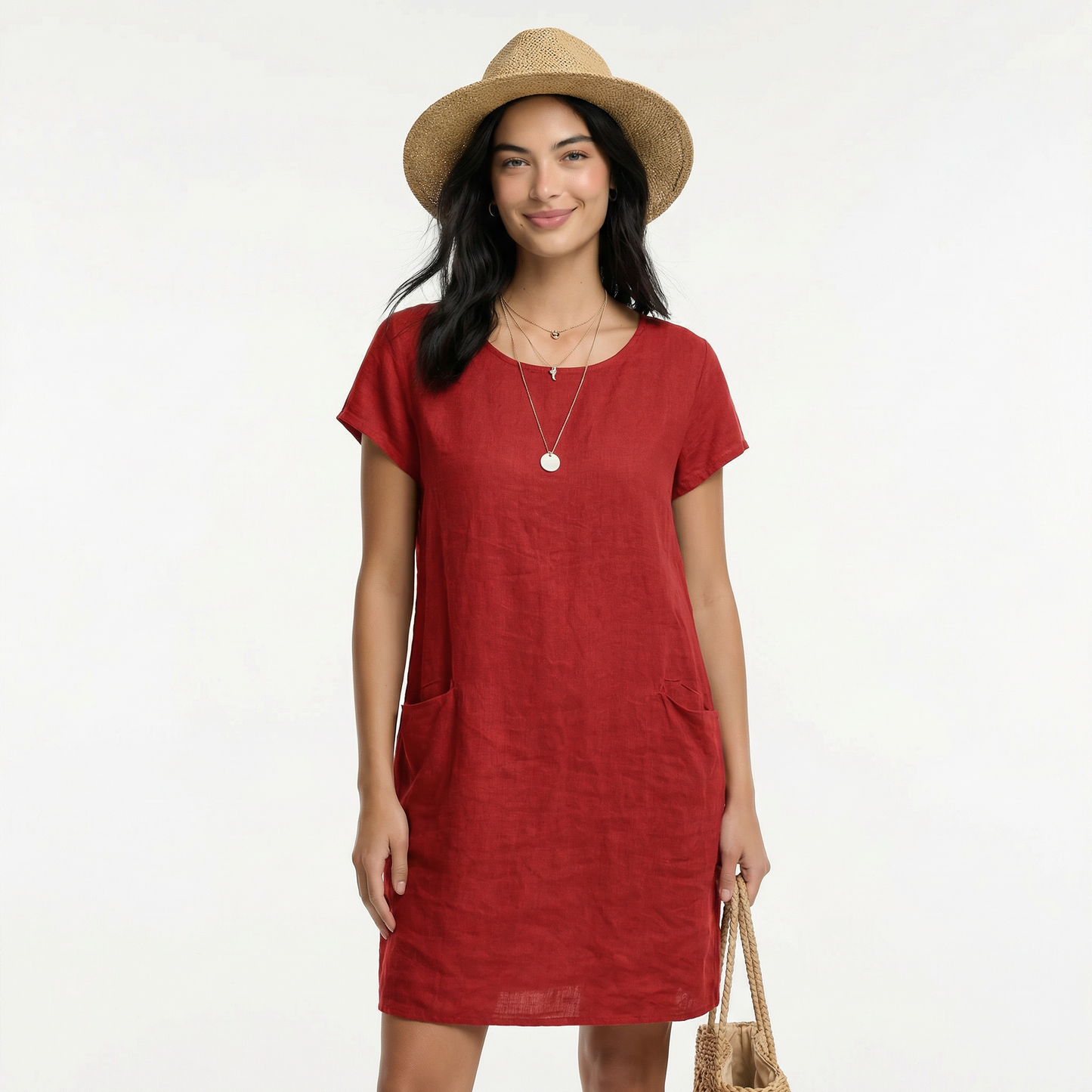 Cotton Midi Summer Dress - Short Sleeves, Relaxed Fit, Pockets