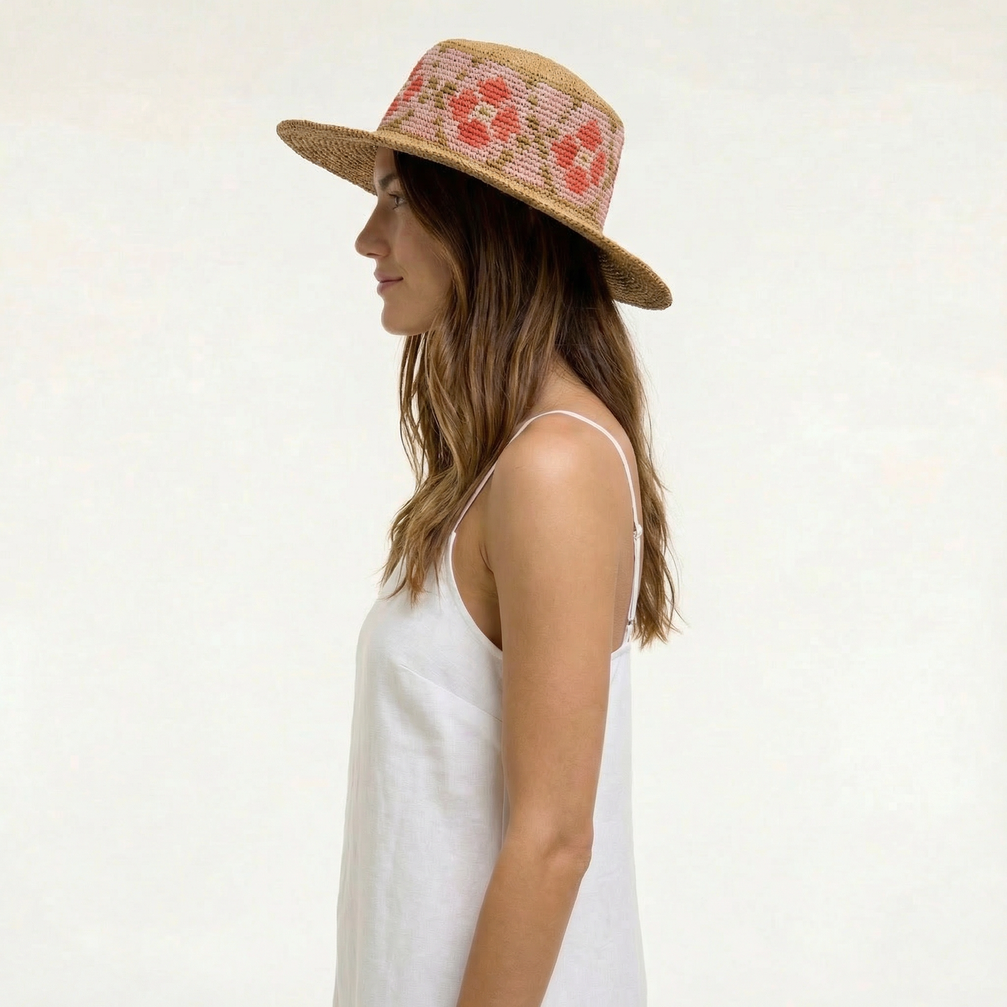 Tan Floral Crochet Sun Hat - Wide Brim, Straw Design