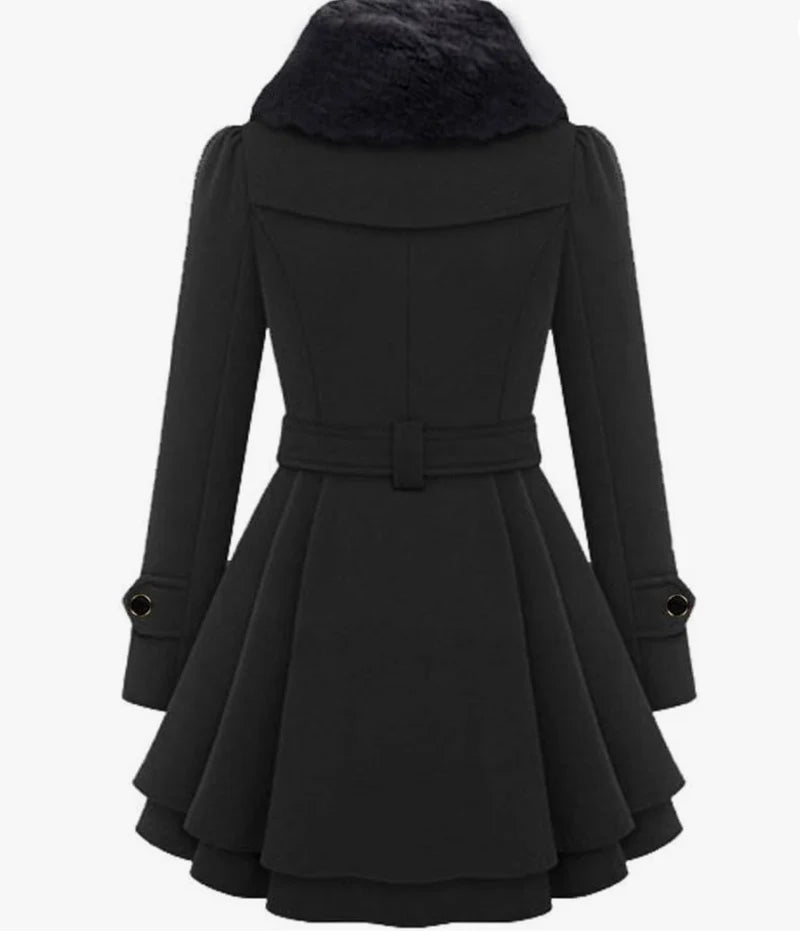 Double-Breasted Fit And Flare Coat With Faux Fur Collar