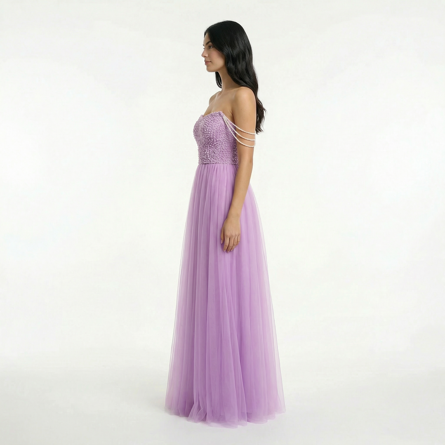 Glitter A-Line Prom Dress - Off Shoulder, Strapless, Sweep Train