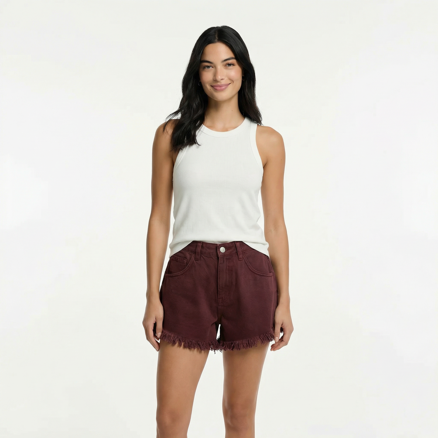 High-Waisted Denim Shorts - Frayed Hem, Casual Fit