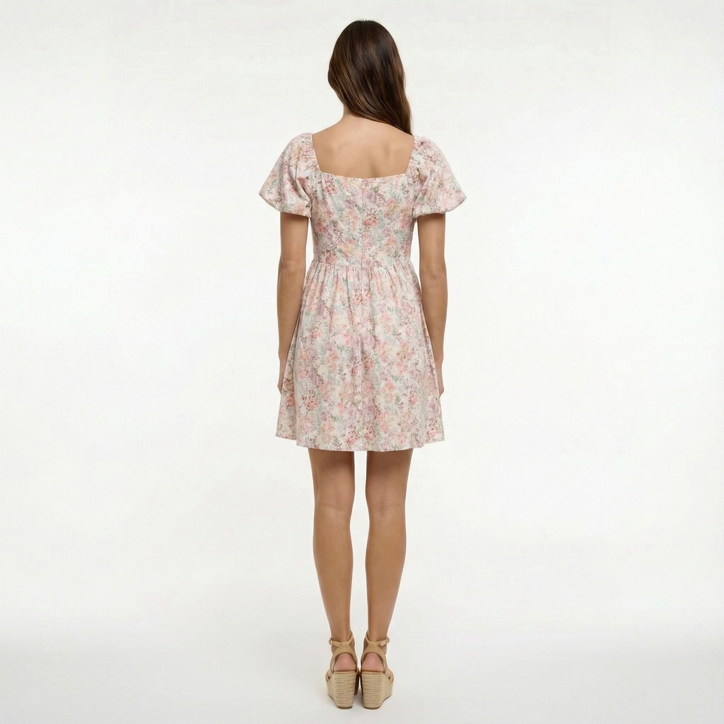 Coconut Floral Short Dress - Sweetheart Neckline, Puff Sleeve, Smocked Back