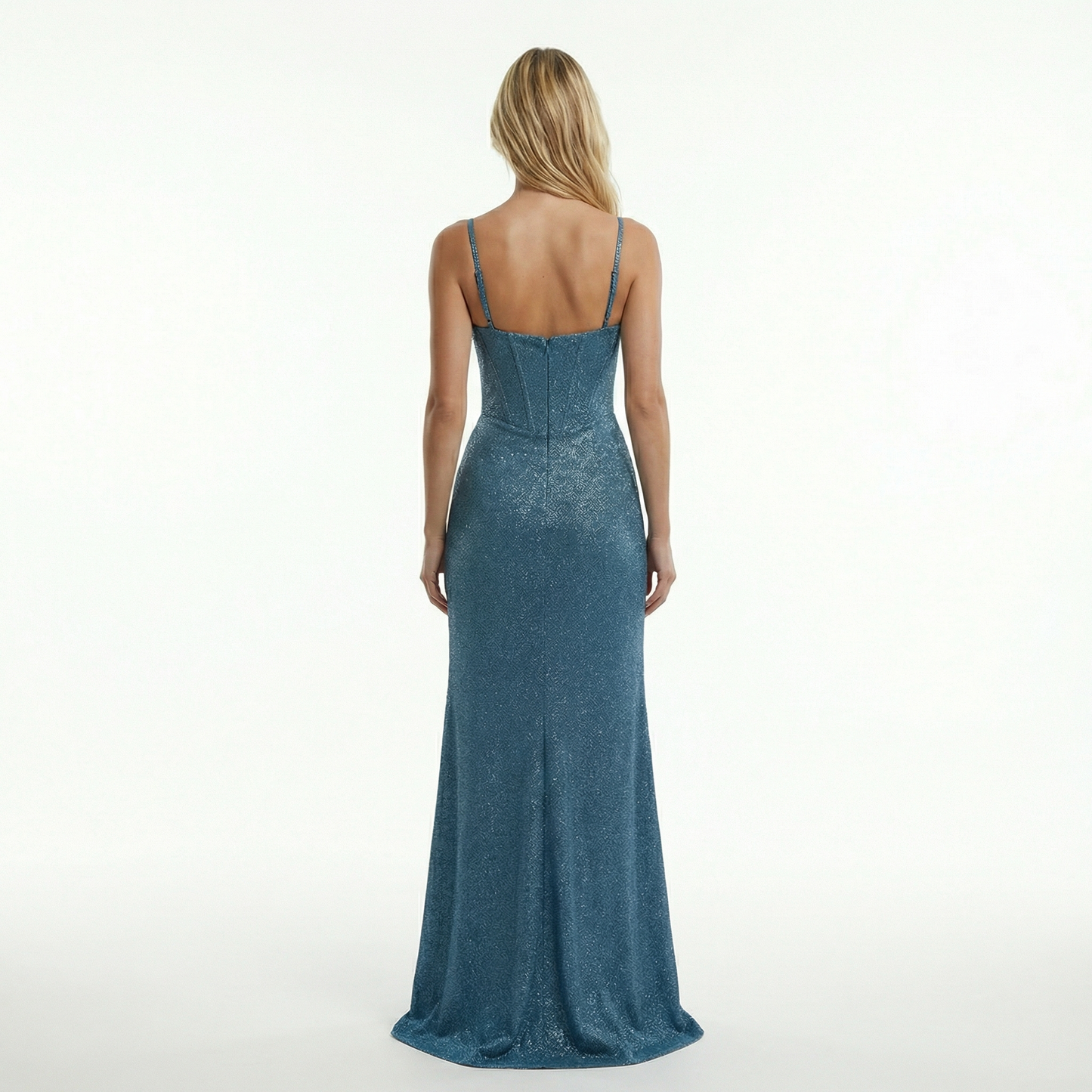 Sequin Maxi Dress - Lace Bodice, Spaghetti Straps, High Slit