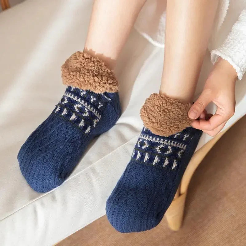 Knitted Fall Indoor Slipper Socks With Patterned Trim