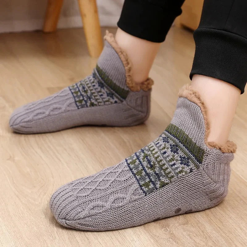 Knitted Fall Indoor Slipper Socks With Patterned Trim