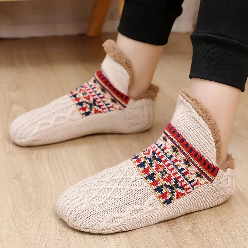 Knitted Fall Indoor Slipper Socks With Patterned Trim