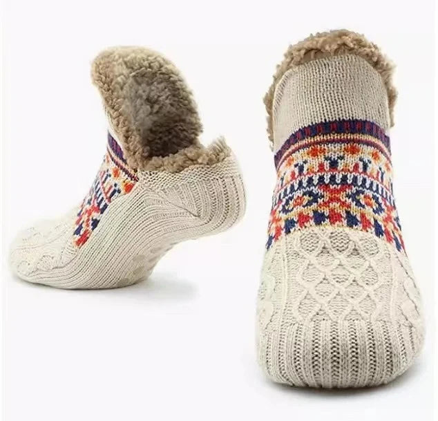 Knitted Fall Indoor Slipper Socks With Patterned Trim