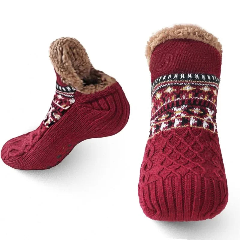 Knitted Fall Indoor Slipper Socks With Patterned Trim