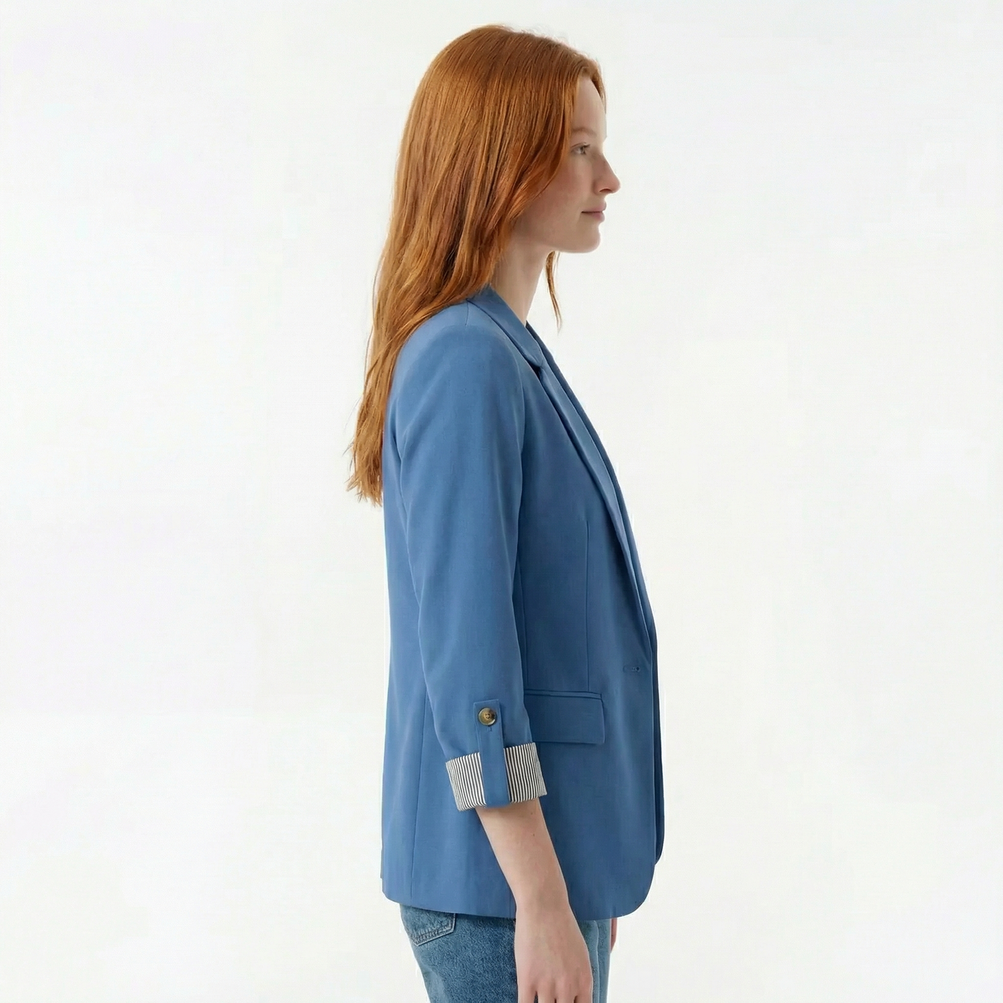 Tailored Roll-Up Sleeve Blazer - Single Button, Lapel Collar, Striped Lining