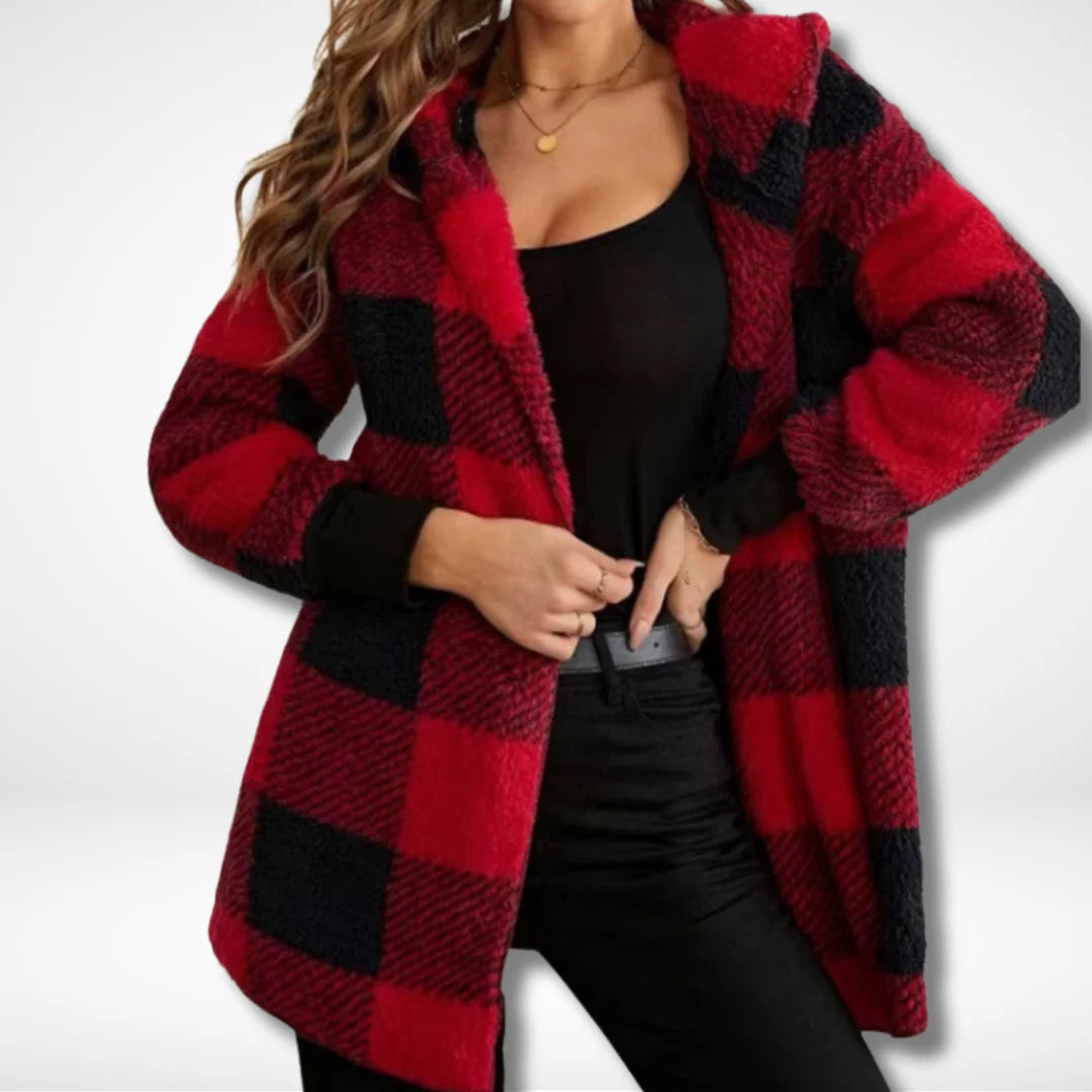 Women’s Checkered Fleece Cardigan – Soft Hooded Plaid Coat