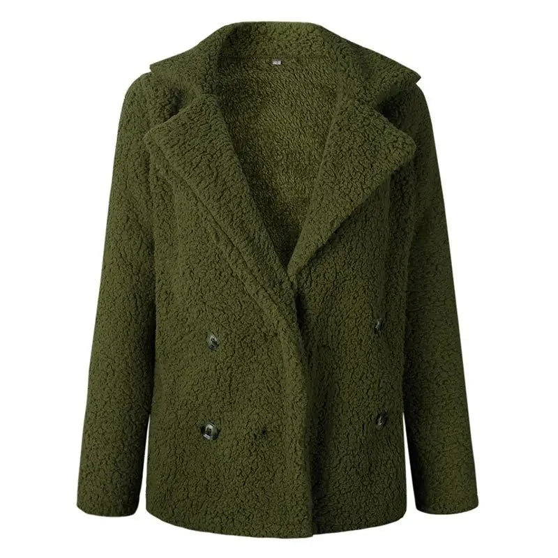 Women’s Double-Breasted Fleece Coat – Notched Lapel Collar, Button Front, Textured Finish – Cozy Outerwear for Fall and Winter