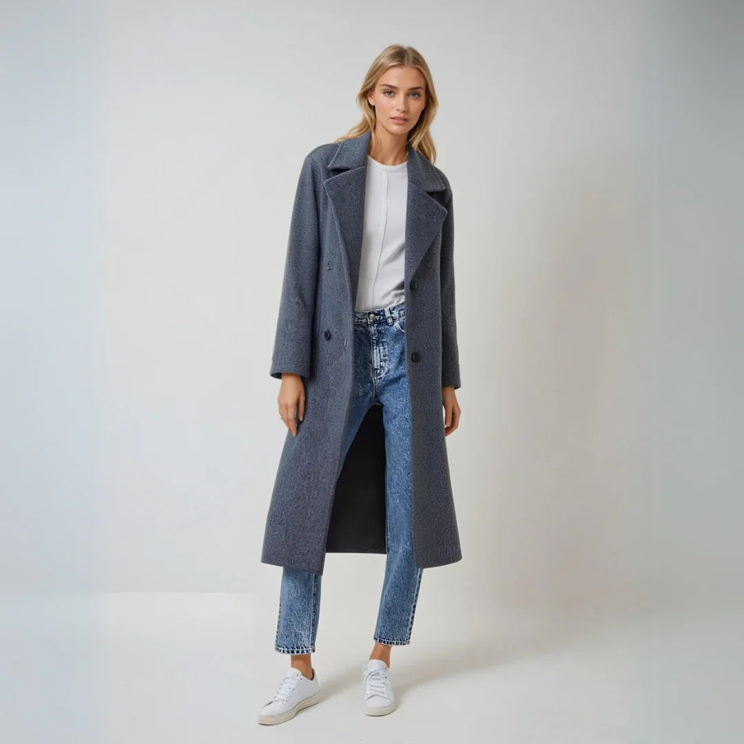 Women’s Double-Breasted Wool Coat – Long Elegant Winter Overcoat