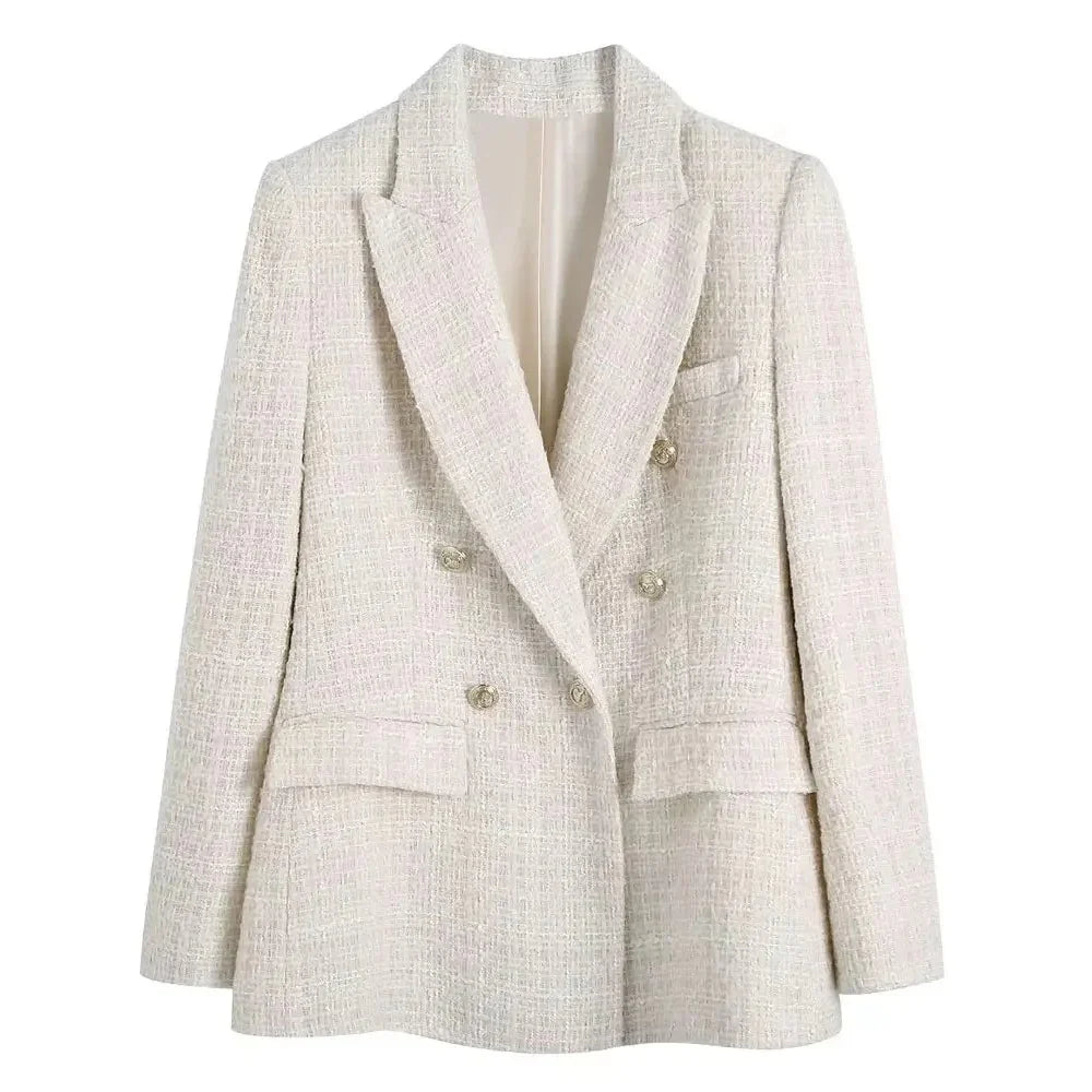 Women’s Tweed Blazer – Double-Breasted, Notched Lapel, Structured Fit – Smart Casual Layer