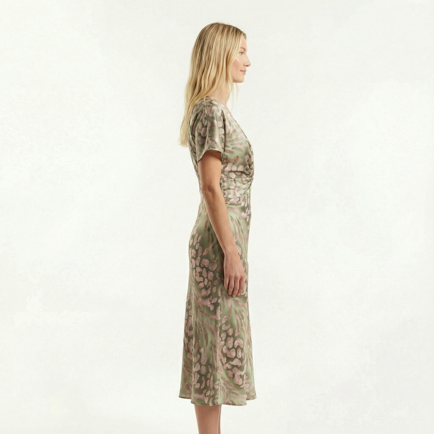 Wrap Midi Dress - V-Neck, Pleated Fit, Flowy Sleeves