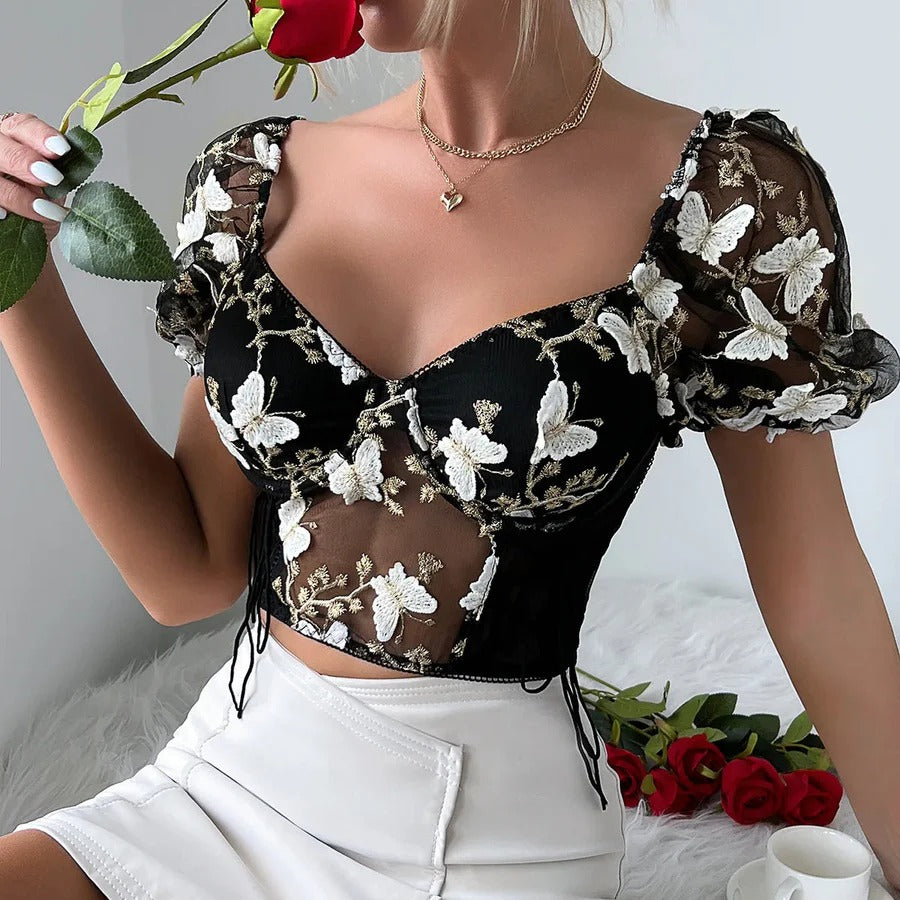 Butterfly Embroidered Crop Top