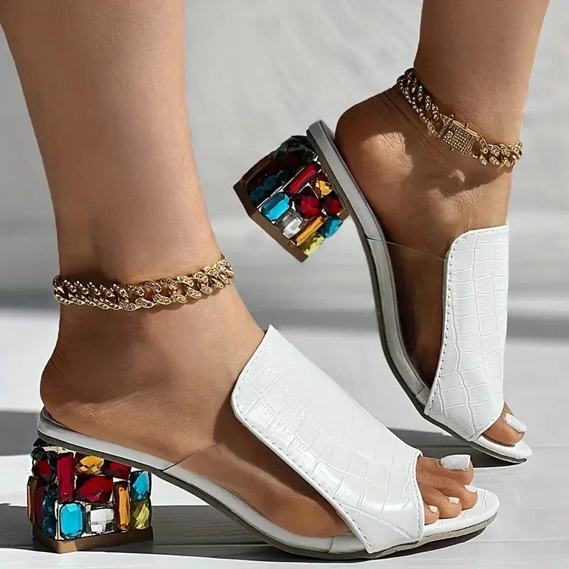 Croc-Textured Block Heel Sandals