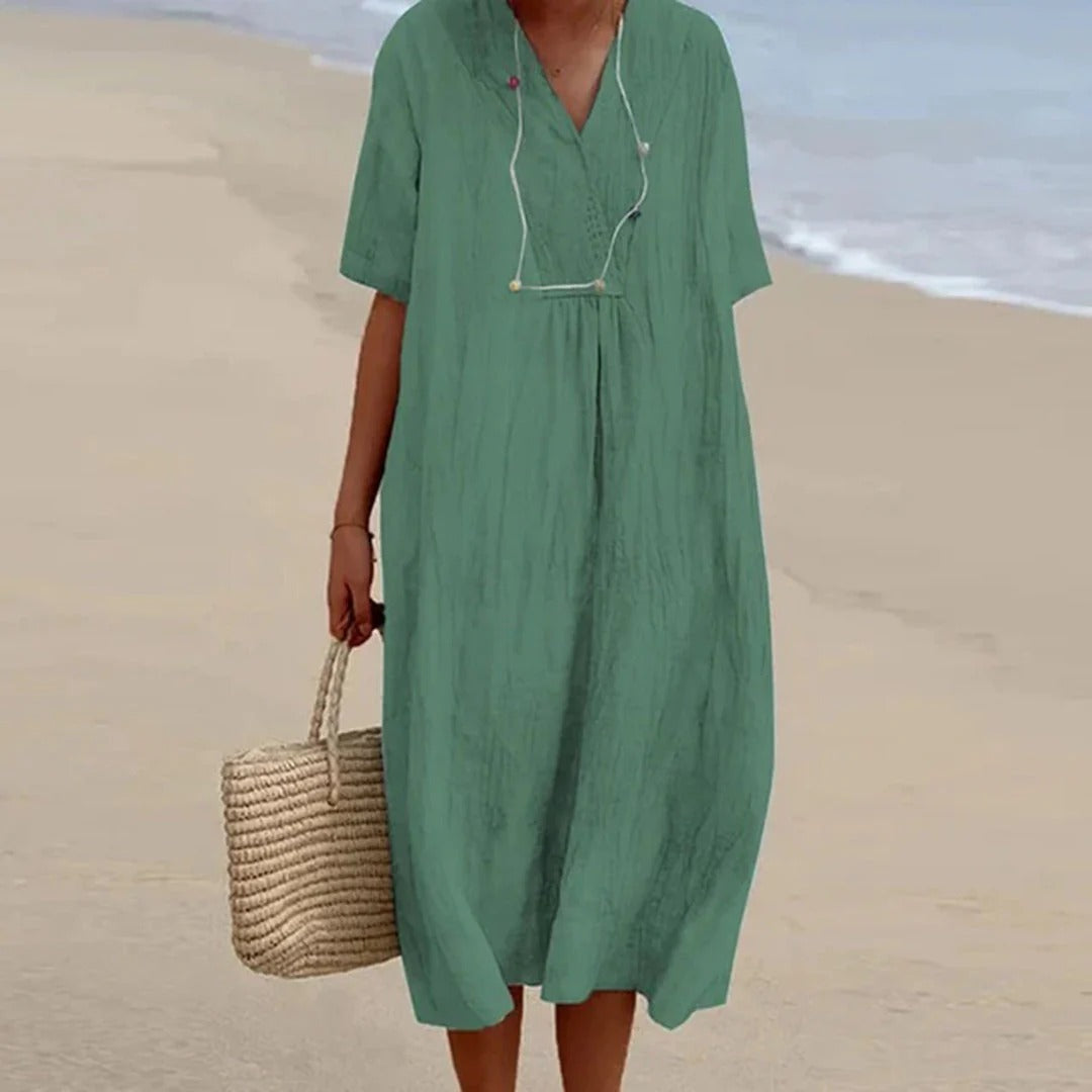Button-Neck Midi Dress