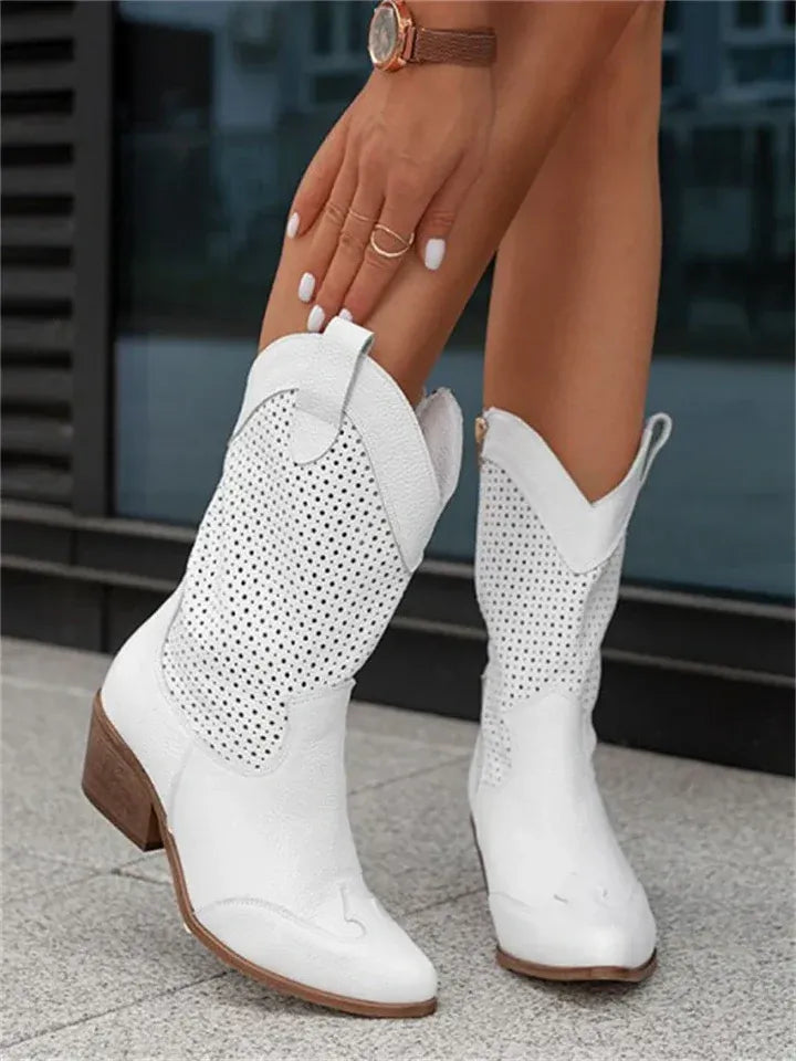 Western-Style Perforated Mid-Calf Boots with Pull Tabs