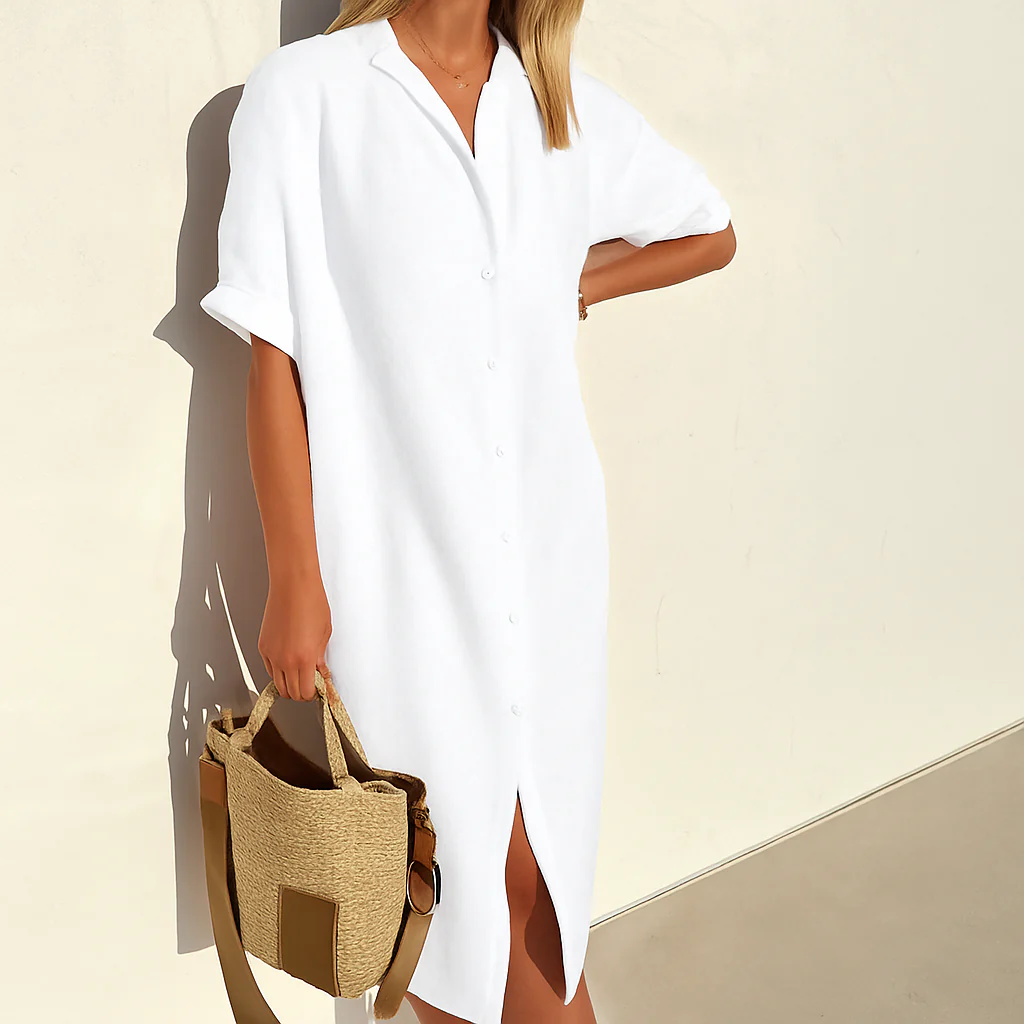 Women’s Linen Shirt Dress - Button-Front Collar