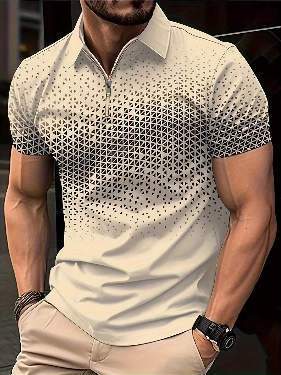 Men’s Geometric Pattern Zip-Neck Shirt - Short Sleeves