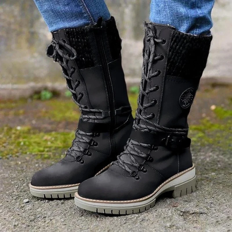 Fall Knit-Cuff Lace-Up Boots