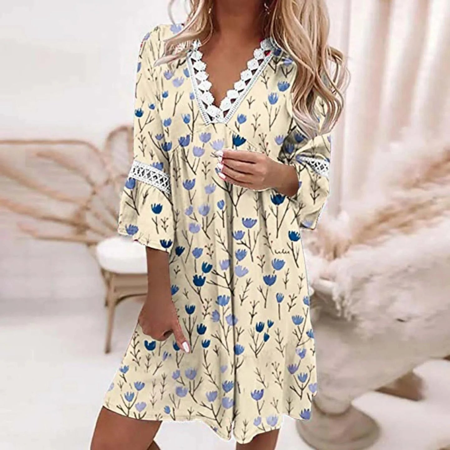V-Neck Floral Lace Trim Dress