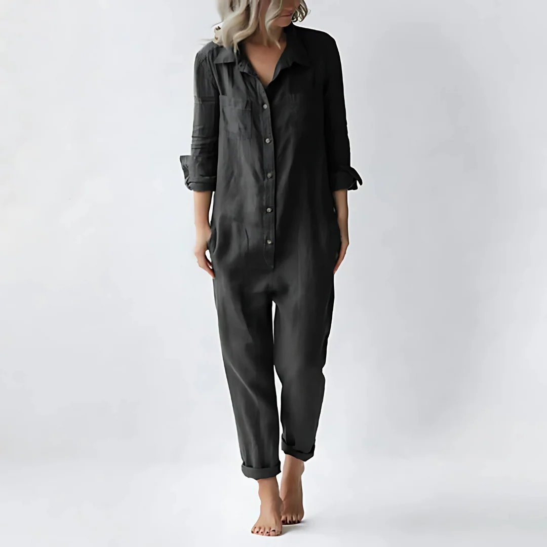 Women’s Linen Blend Jumpsuit - Button Front, Side Pockets