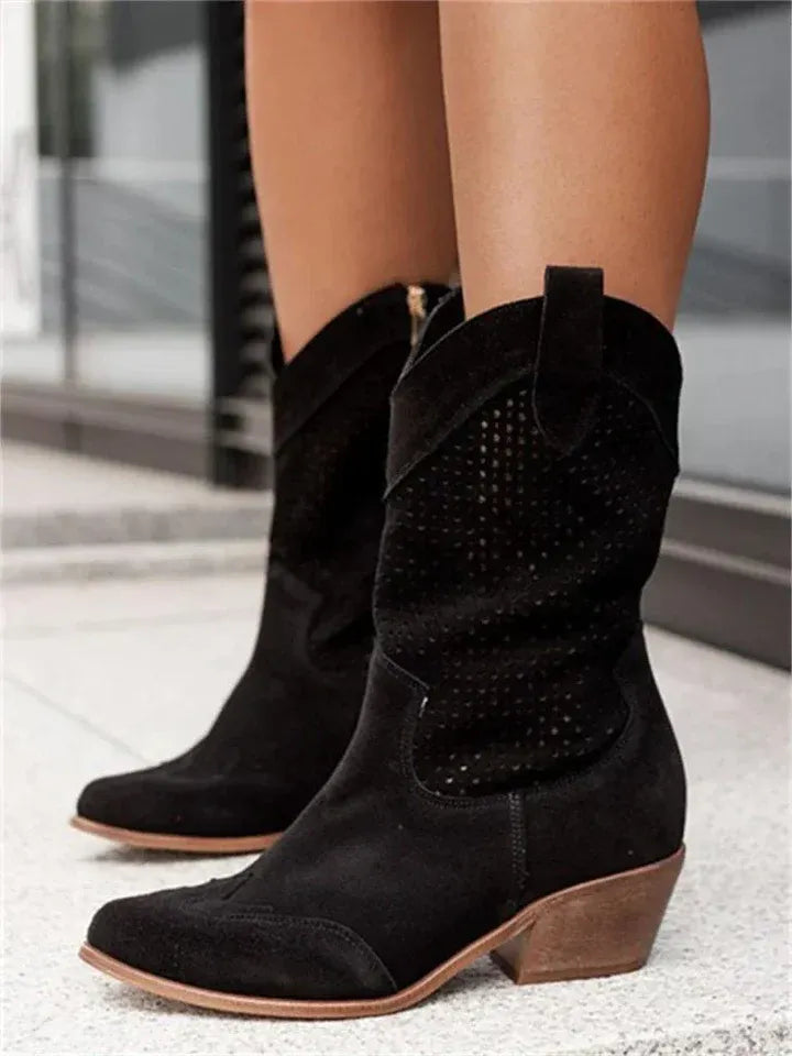 Western-Style Perforated Mid-Calf Boots with Pull Tabs