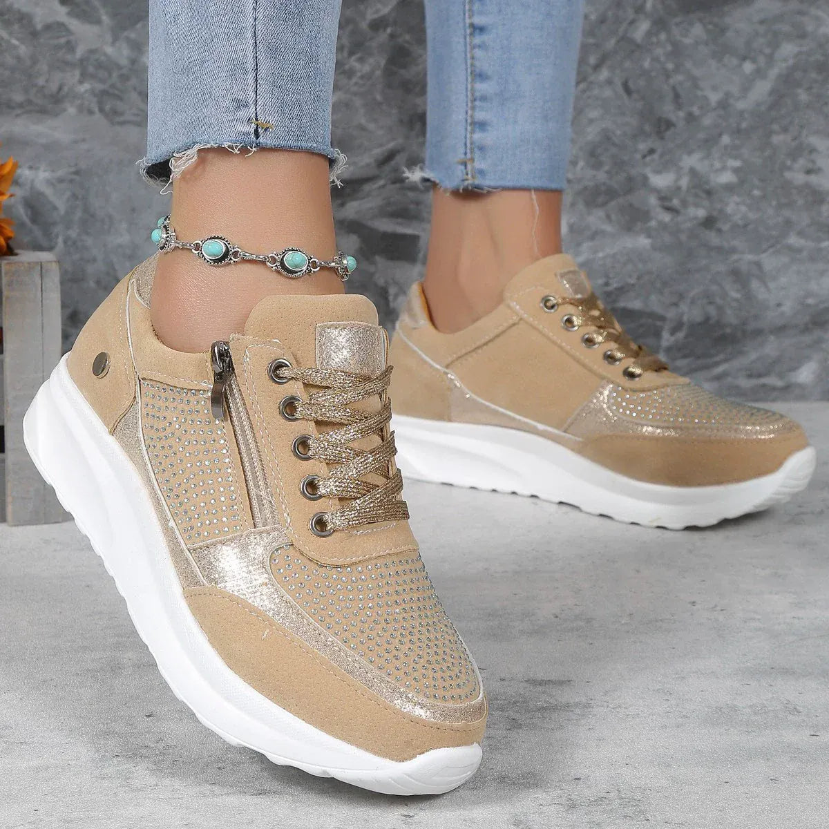 Zip Detail Studded Sneakers