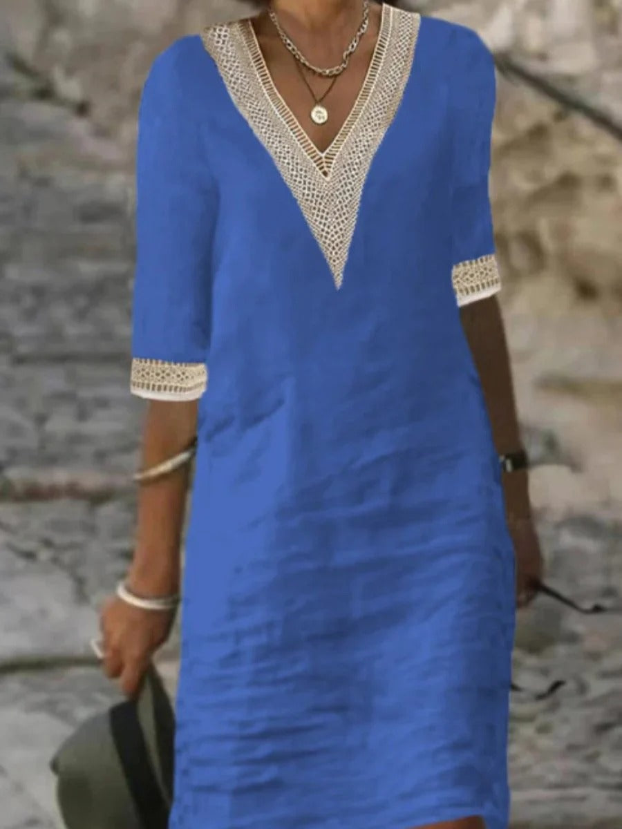 Crochet Trim Linen Shift Dress