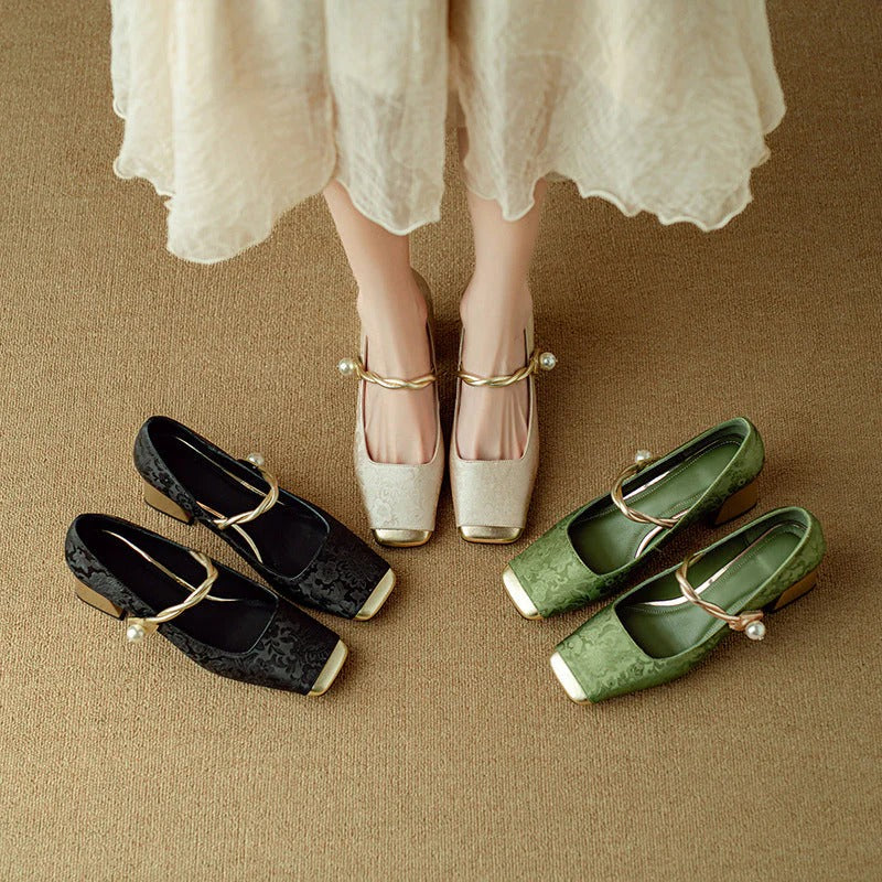 Emerald Gold Block Heel Pumps