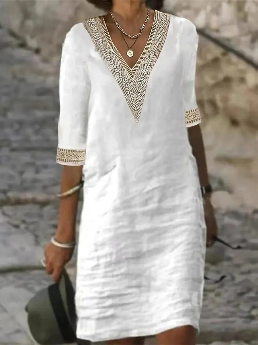 Crochet Trim Linen Shift Dress