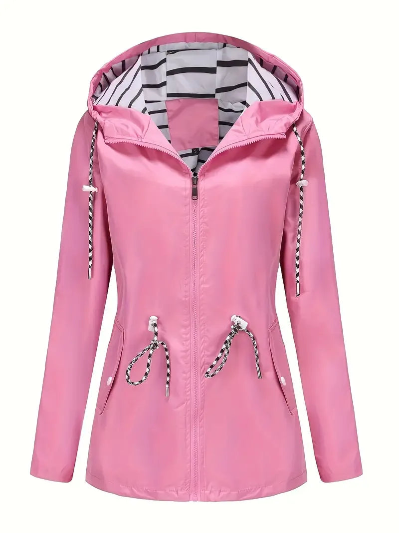 Striped-Lined Zip Hooded Jacket