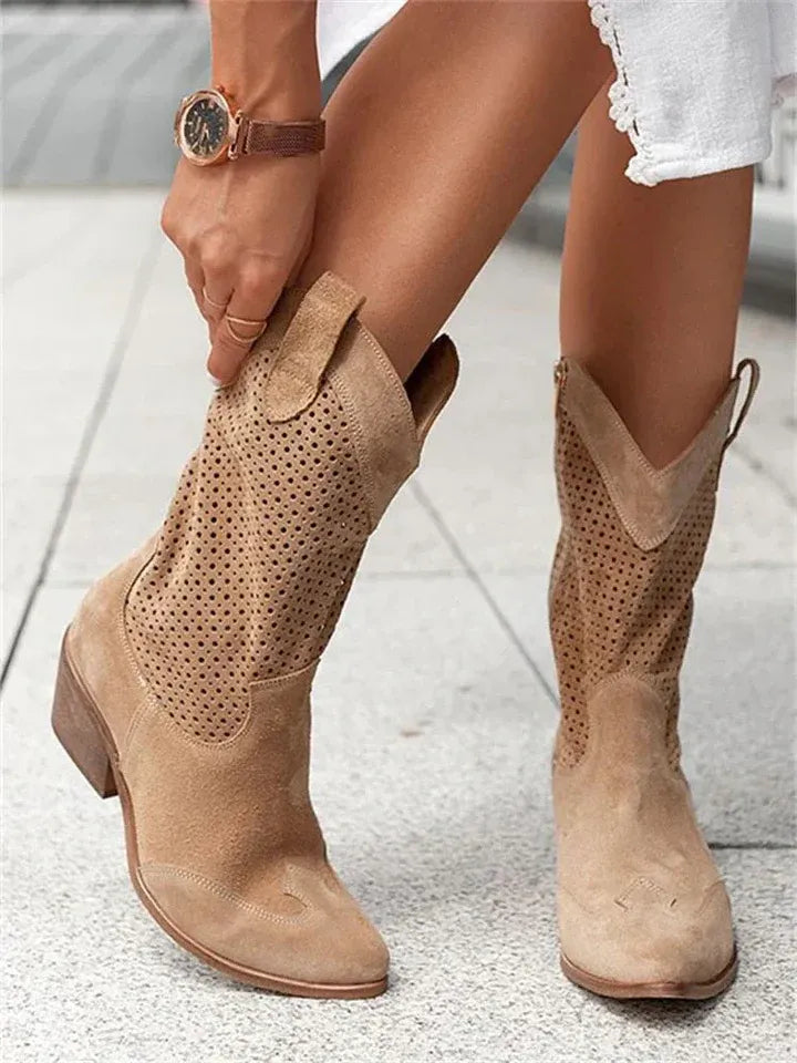 Western-Style Perforated Mid-Calf Boots with Pull Tabs