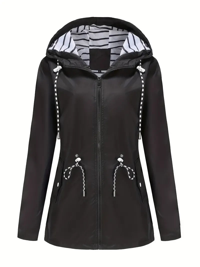 Striped-Lined Zip Hooded Jacket