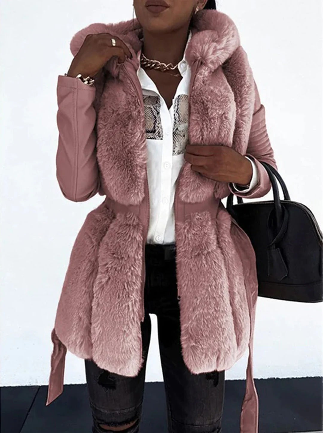 Belted Coat with Faux Fur Front Panel