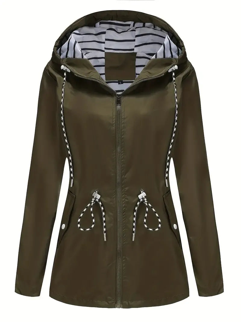 Striped-Lined Zip Hooded Jacket