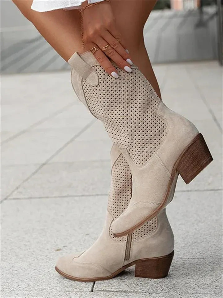 Western-Style Perforated Mid-Calf Boots with Pull Tabs