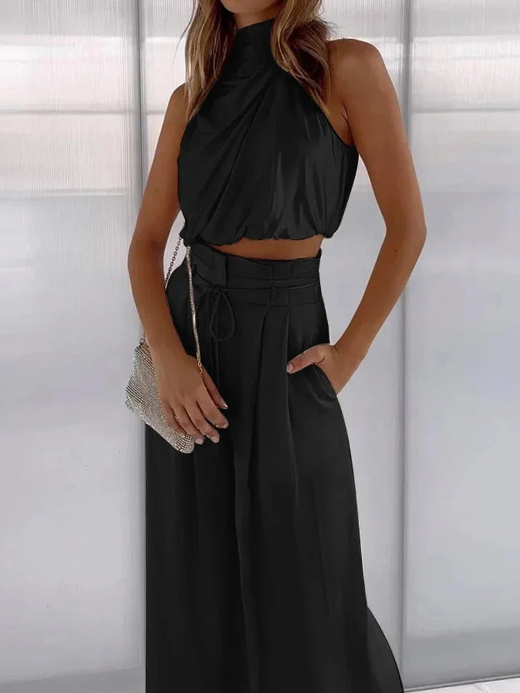 Draped Halter Crop Top and High-Waist Trousers Set