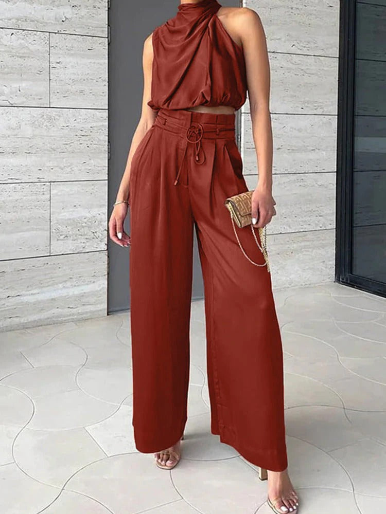 Draped Halter Crop Top and High-Waist Trousers Set