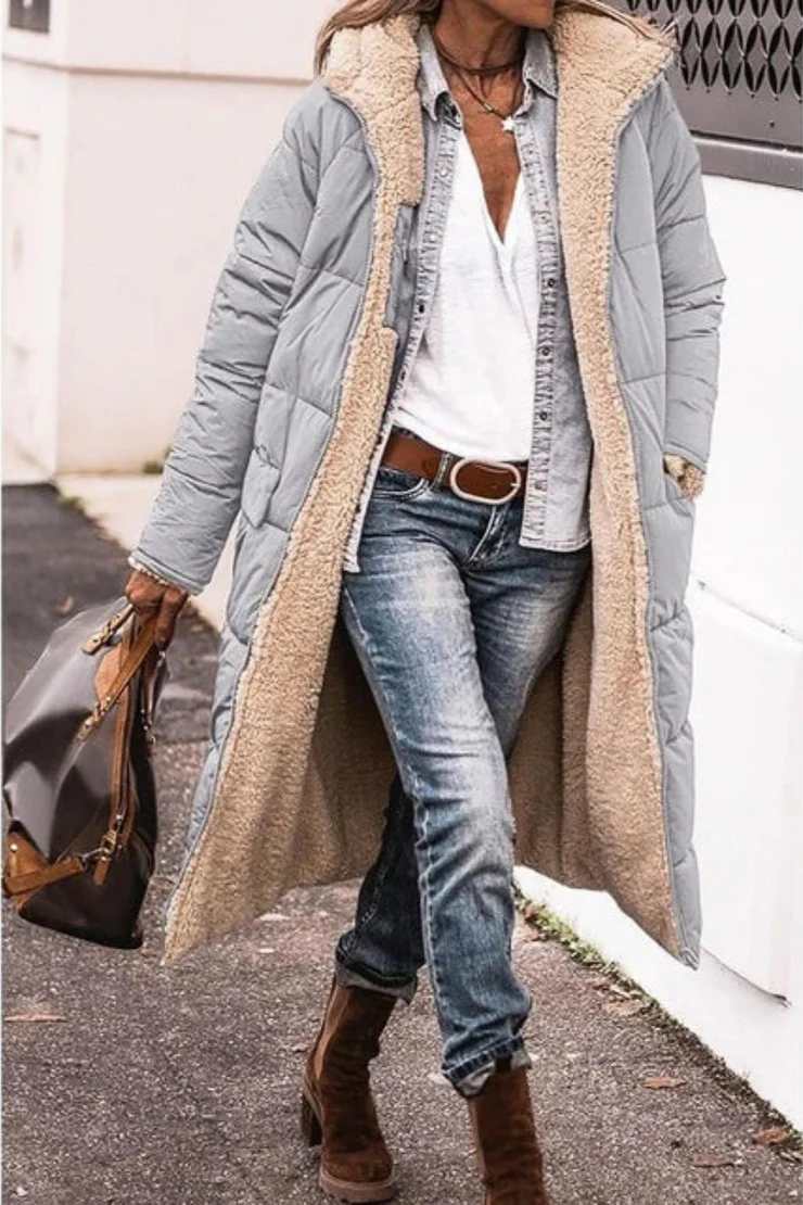 Long Quilted Coat with Faux Shearling Lining